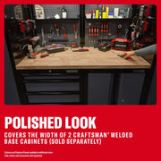 Craftsman wood worktop on two metal base cabinets, tools and pegboard panels shown in a workshop setup.