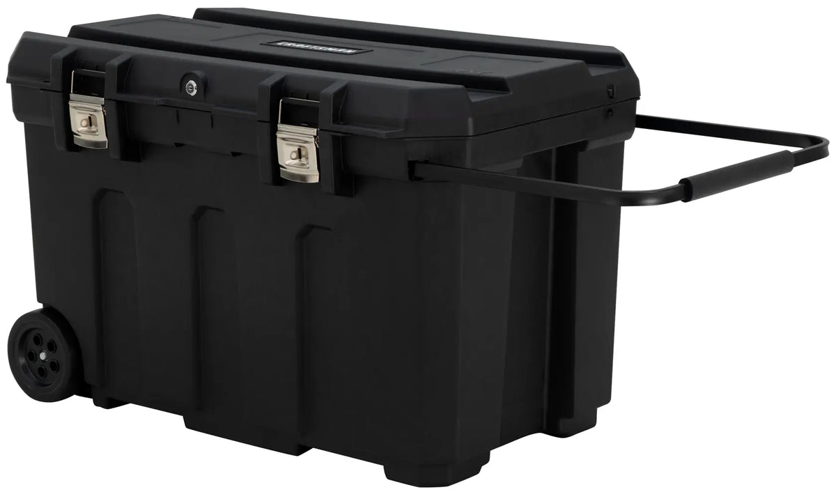 Craftsman CMST37025-3CR22 rolling black tool chest with metal latches and extended handle, side angle photo