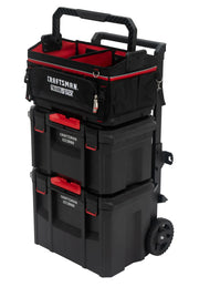 Craftsman CMST60560 rolling tool storage stack with black and red compartments, front angle, white background.
