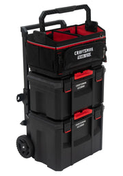 Photo of CRAFTSMAN CMST60560 black rolling tool box stack with red handles and organizer, front angle.