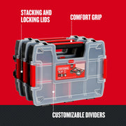Photo of Craftsman organizer CMST60964M with clear stacking lids, red comfort grip handle, customizable dividers.