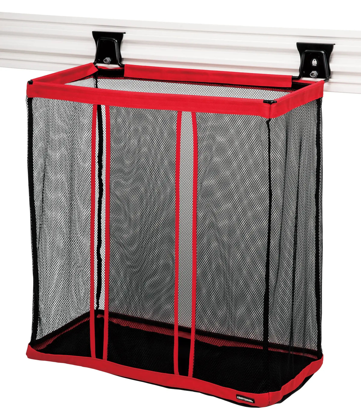 Photo of Craftsman wall-mounted mesh storage basket with red frame, SKU CMST82621VT, front angle on white background.