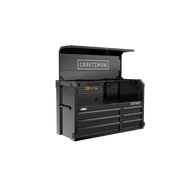 Photo of Craftsman black tool chest CMST98259BK with drawers and open top, angled on white background.