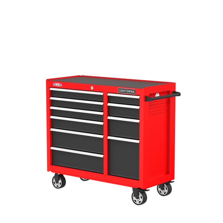 Craftsman CMST98270RB rolling tool chest, red and black, front angle photo, multiple drawers, metal handles.
