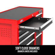 Craftsman red tool chest CMST98270RB front angle with open soft close drawer and USA sticker.