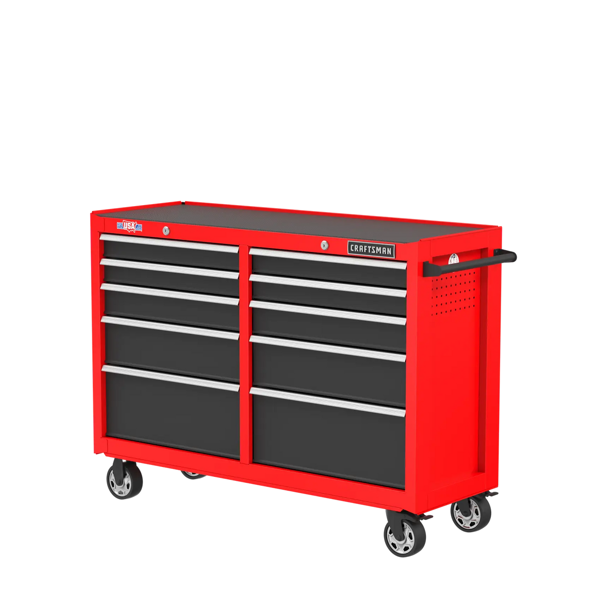 Photo of CRAFTSMAN CMST98273RB red rolling tool chest with eight black drawers, side handle, and casters, front angle.