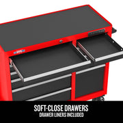 Craftsman red tool chest with soft-close drawers, CMST98273RB, shown from front angle with open drawers.