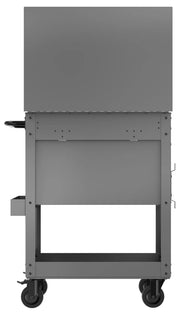 Photo of Craftsman CMST98276GB gray rolling tool cabinet, rear view, with four caster wheels, handle, and side tray.