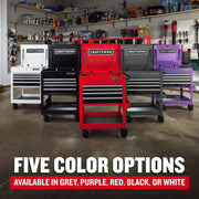 Craftsman CMST98276RB graphics showing five tool chests in red, black, white, grey, and purple in a garage.