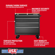 Front angle photo of CRAFTSMAN CMST98278BK black rolling tool chest with butcher block top and four drawers.