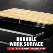 Craftsman butcher block work surface, model CMST98278BK, solid wood top on black tool chest, angled view.