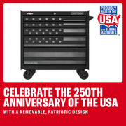 Craftsman tool chest CMST98282P with USA flag graphic, black finish, front angle on white background.