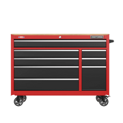 A large red and black rolling tool chest with multiple drawers and a flat wooden top, featuring four caster wheels for mobility.