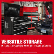 Craftsman CMSTUC06WB black tool chest with pegboard and six soft-close drawers, garage background