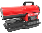 Photo of Craftsman forced air heater CMXEHAO80FAK, red and black, side angle on white background.