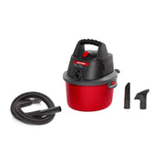 Photo of Craftsman portable wet/dry vacuum CMXEVBE17250 with red tank, black top, hose, and two nozzle attachments, angled view.