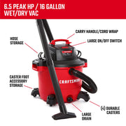 Photo of Craftsman wet/dry vacuum, red and black, model CMXEVBE18595, 16-gallon, side angle with hose and nozzle.