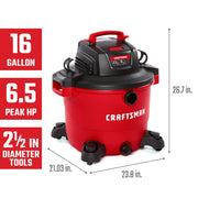 Photo of Craftsman wet/dry vacuum CMXEVBE18695, red and black, 16 gallon, 6.5 peak HP, white background, front angle.