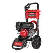 A Craftsman premium gas pressure washer with large wheels, a black and red frame, a hose reel, and nozzle attachments, labeled as 3400 PSI and 2.4 GPM.