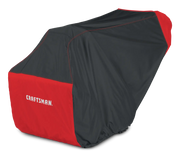 Photo of Craftsman lawn mower cover, red and black, SKU CMXGZAA52001501, side angle on white background.