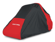 Photo of Craftsman lawn mower cover CMXGZAA52002101, black and red, side angle on white background.