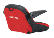 Photo of Craftsman red and black seat cover with armrest, SKU CMXGZAA52002401, photography, rear angle on white background.