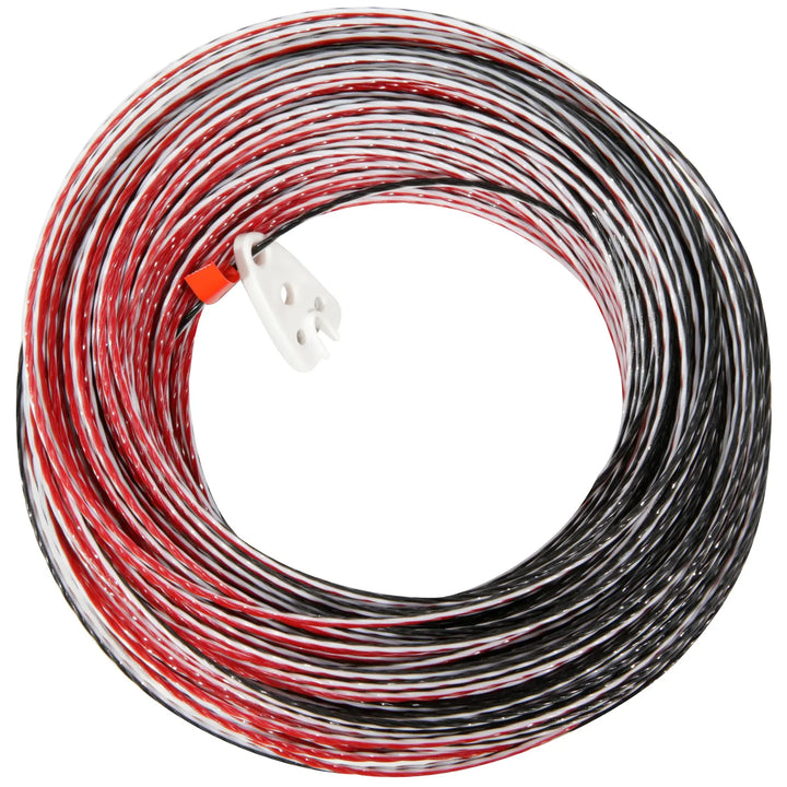 A coil of multi-colored photographic wire, primarily red, black, and white, with a plastic attachment piece visible.
