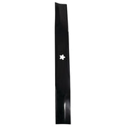 A single black lawn mower blade with a star-shaped central mounting hole, shown vertically against a white background.