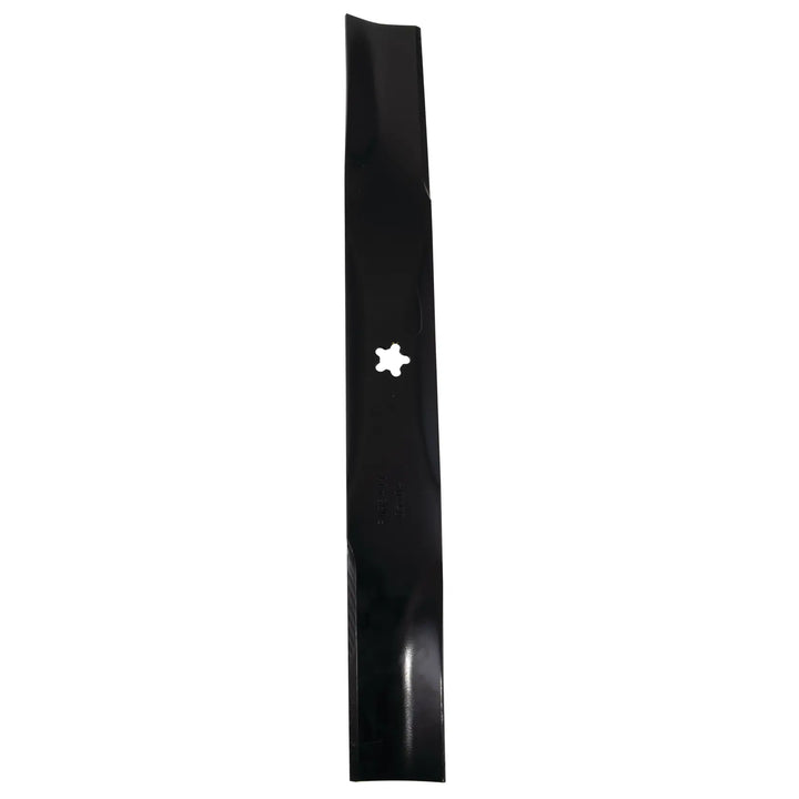 A single black lawn mower blade with a star-shaped central mounting hole, shown vertically against a white background.