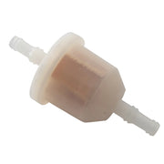 Plastic in-line fuel filter with barbed connectors, translucent body, white background beauty shot, side angle.