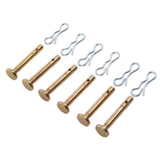 Six metal lynch pins with flat heads and holes, accompanied by six metal cotter pins, arranged on a white background.
