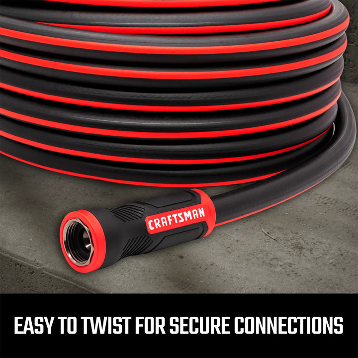 Photo of Craftsman black and red garden hose CMXMHBB16513 with easy-twist connector, coiled on concrete.