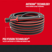 Photo of Craftsman garden hose CMXMHBB16513, black and red, coiled, with Antikink and Polyfusion technology.