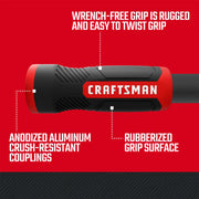 Photo of Craftsman hose handle with SKU CMXMHBB16549, anodized aluminum coupling, rubberized grip, side angle.