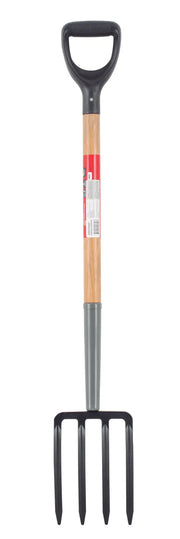 A garden fork with a wooden handle, a black D-shaped grip, and four metal tines, shown against a white background.
