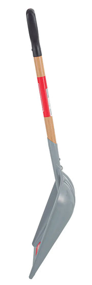 A gray snow shovel with a wooden handle and a black grip, standing upright on a white background.
