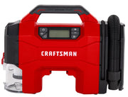 Front angle photo of Craftsman portable inflator CMXPTXA2001, red and black design with hose and digital controls.
