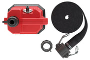 Top view of a fire hose kit consisting of a red container, a rolled black fire hose, a hose coupling, and a connector.