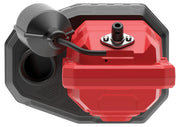 Top view of a red and black water pump with a float switch attached, designed for removing water from basements or other similar areas.