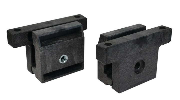 Pair of black plastic mounting brackets with screw holes, white background beauty shot, front angle