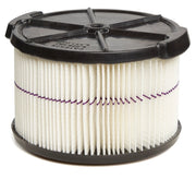 A cylindrical air filter with pleated white material and black plastic end caps, used in machinery or appliances to trap dust and particles.