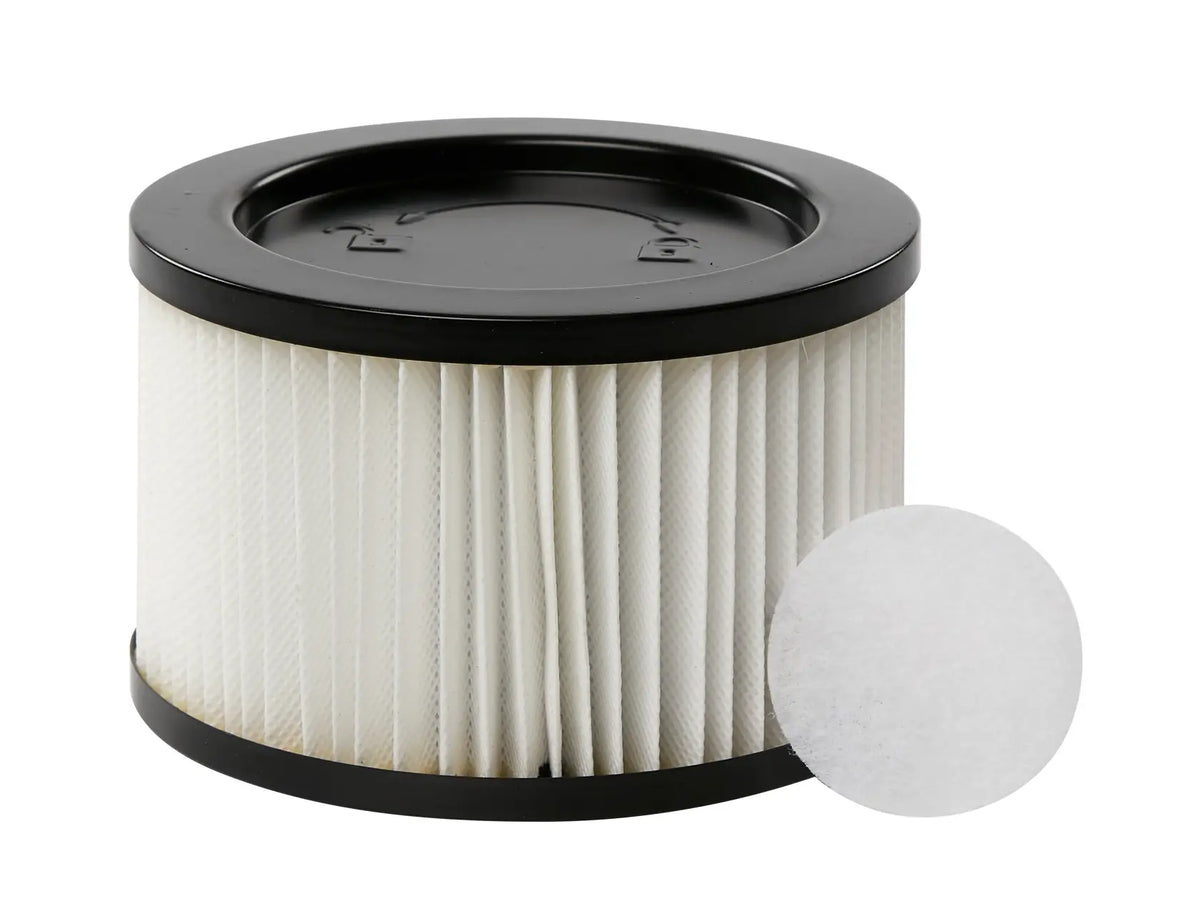 Craftsman pleated vacuum filter CMXZVBE43268 with black rim and round white filter pad, front angle photo.