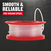 Photo of Craftsman trimmer line spool CMZST0653, red plastic pre-wound spool with clear line, side angle.